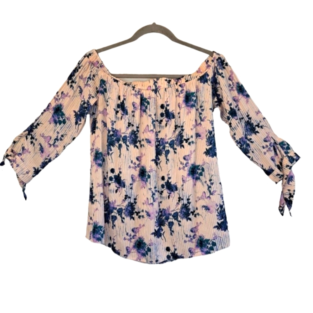 Attention Off-Shoulder Pleated Floral Blouse with Tie Sleeves Spring Size Large